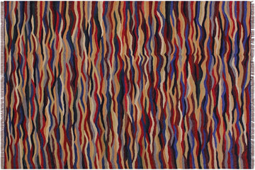 Flat Weave Kilim, Antique, Navaho, Vintage, Handmade, Modern Kilim Blue Red Hand-Woven Rectangle 100% Wool Area Rug 5 x 7